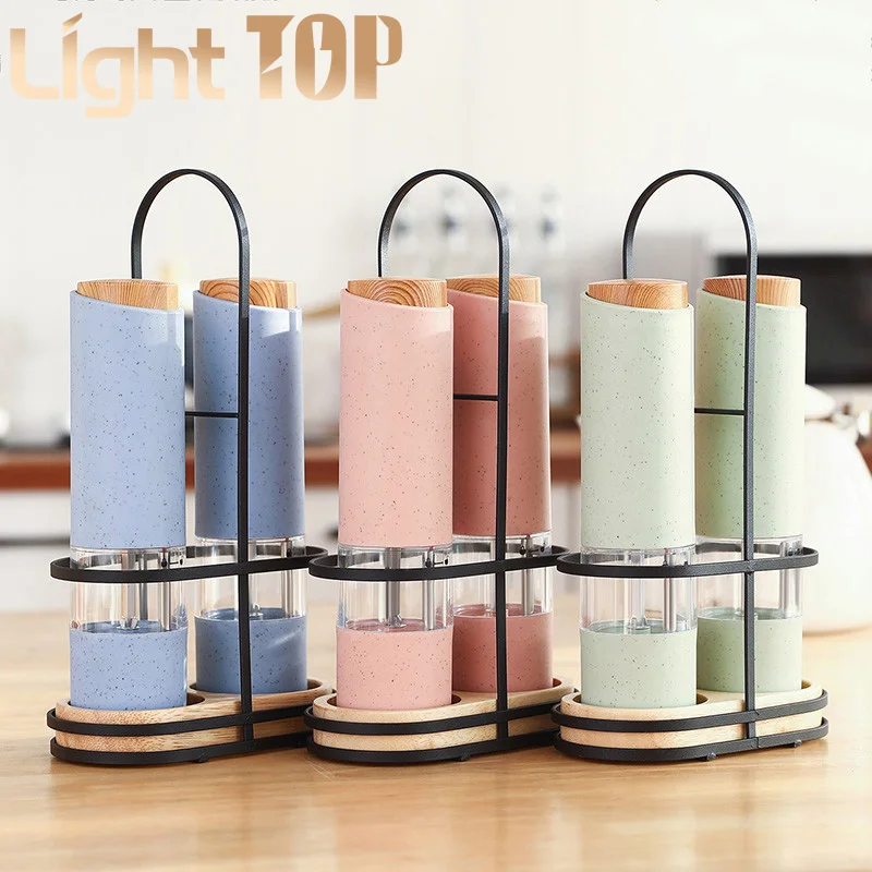 Wheat Straw Electric Salt Pepper Grinder Set LED Light Automatic Spice Herb Mill Adjustable Coarseness Ceramic Core Kitchen Tool