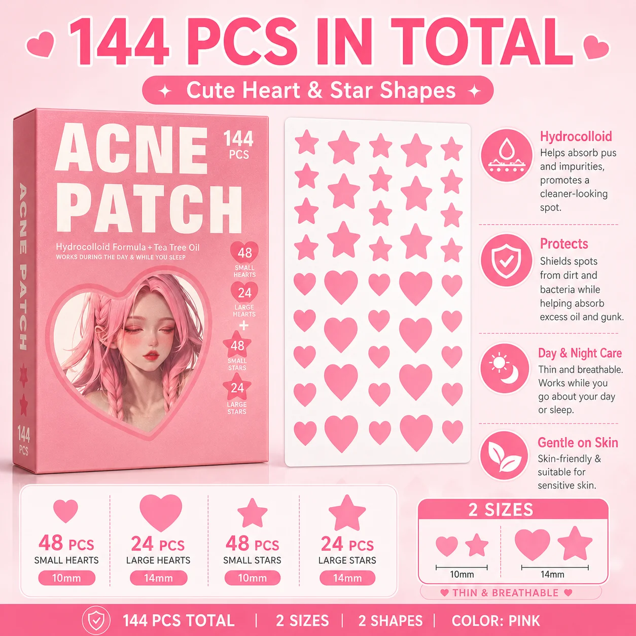144PCS Pink Acne Patches Hydrocolloid Pimple Patches Cute Heart Star Spot Stickers for Face Body Day Night Care