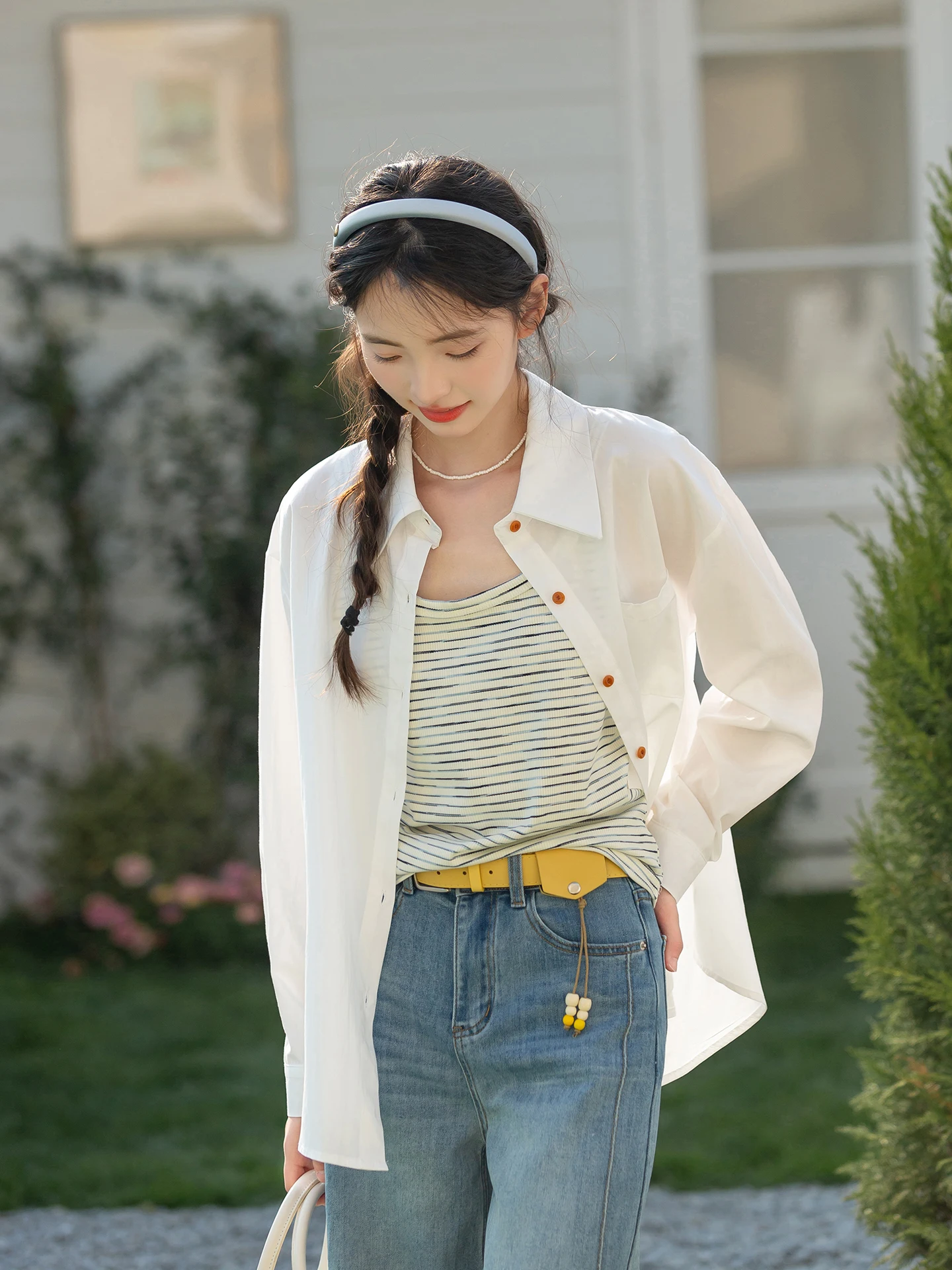 

White Long Sleeve Women's Shirt Sun Protection Two-Piece Set Simple Design Commute Style Korean Loose Fit Cotton Blend