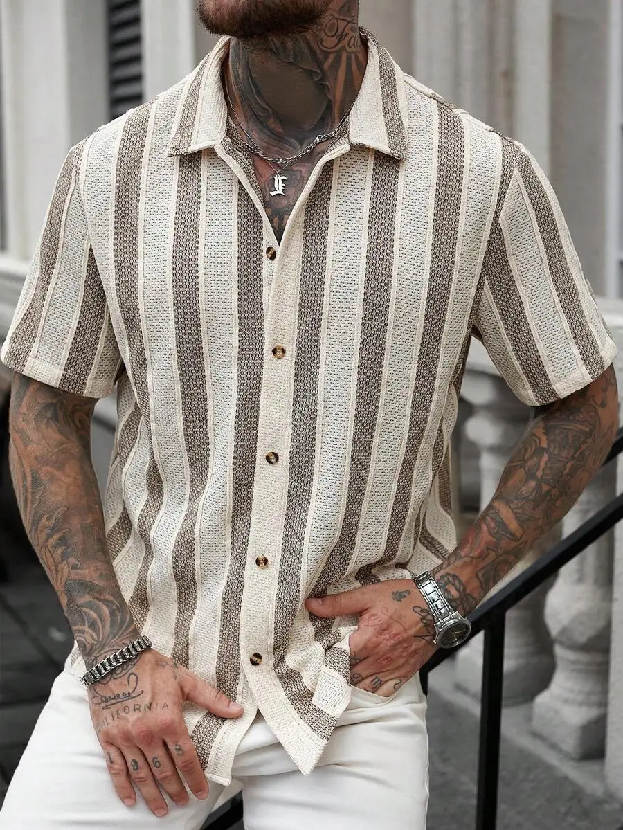 

Men's Casual Striped Button-Up Shirt with Polo Collar, Lightweight Knit Fabric