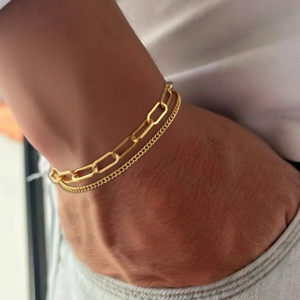 Hip-Hop Doppelschicht-Paperclip-Kette Herrenarmband Einfaches Goldfarbenes Edelstahl-Schmuckstück Modisches Damenarmband Accessoires – Detail 1