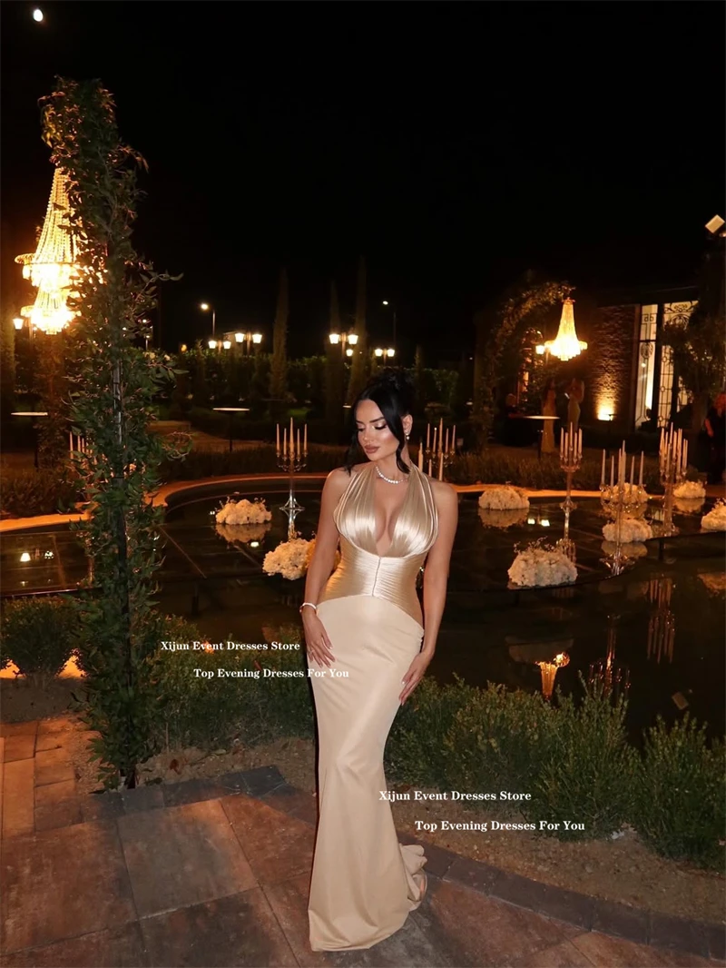 Xijun مثير الشمبانيا حورية البحر فساتين السهرة الرسن أكمام الخامس الرقبة فساتين لحضور الحفلات الموسيقية الرسمية العربية السعودية فساتين حفلات طويلة تخصيص