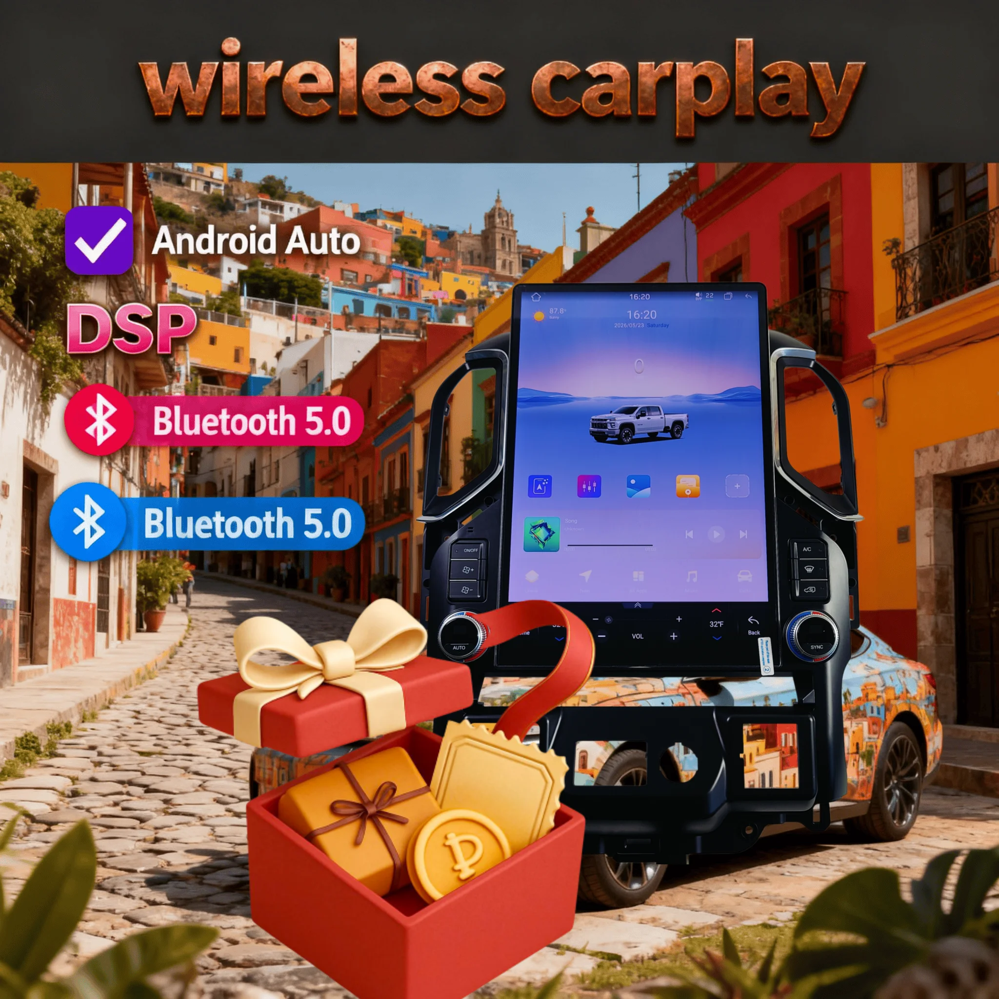 15.6Inch Car Multimedia Player For Chevrolet Silverado GMC Sierra 2019-2023 GPS Navigation Wireless CarPlay Android Auto 4G WiFi