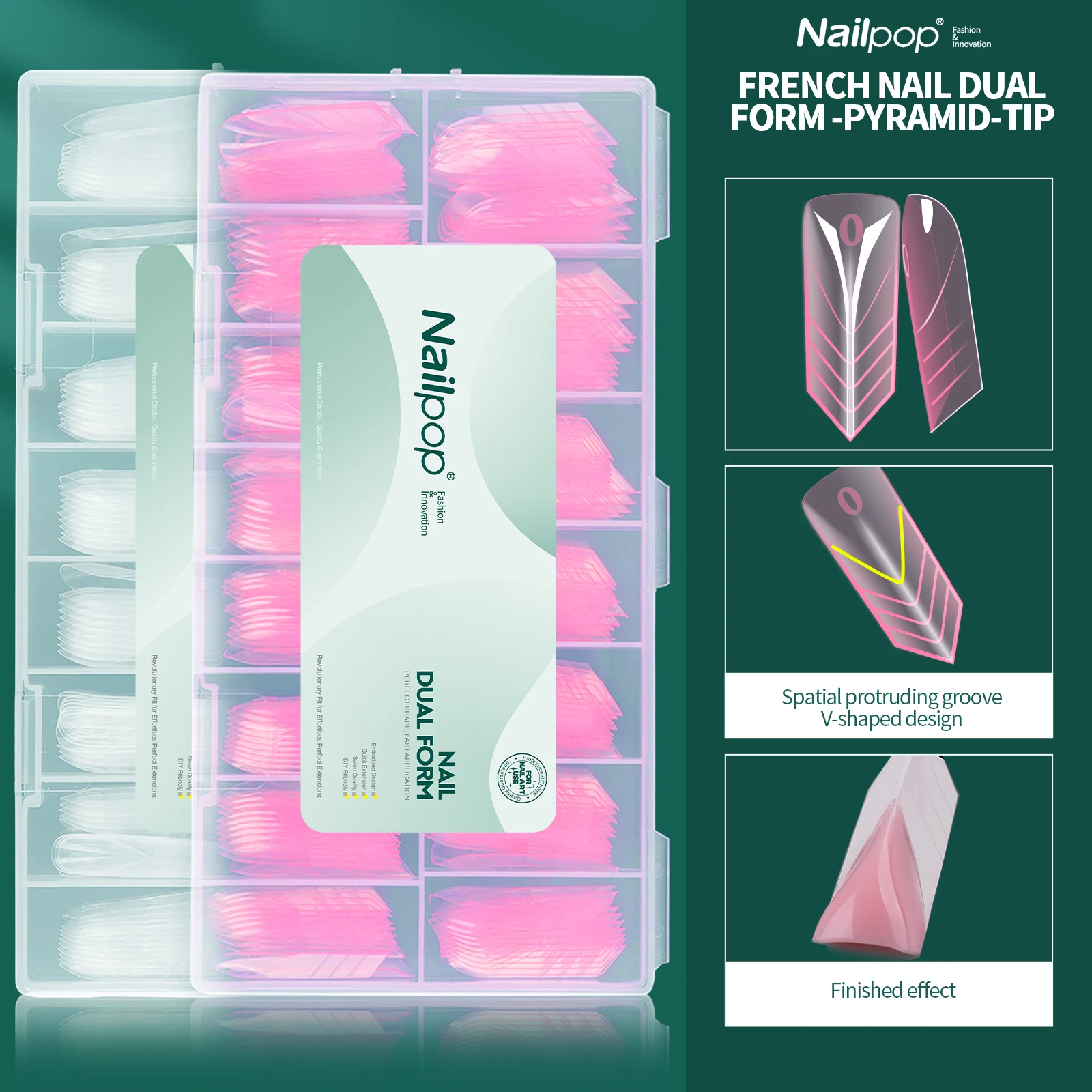 Nailpop 150pcs Pyramid Tip Nail Forms 15 Sizes Spatial V-Shaped Design French Nail Extension Guide Reusable PP Material Salon