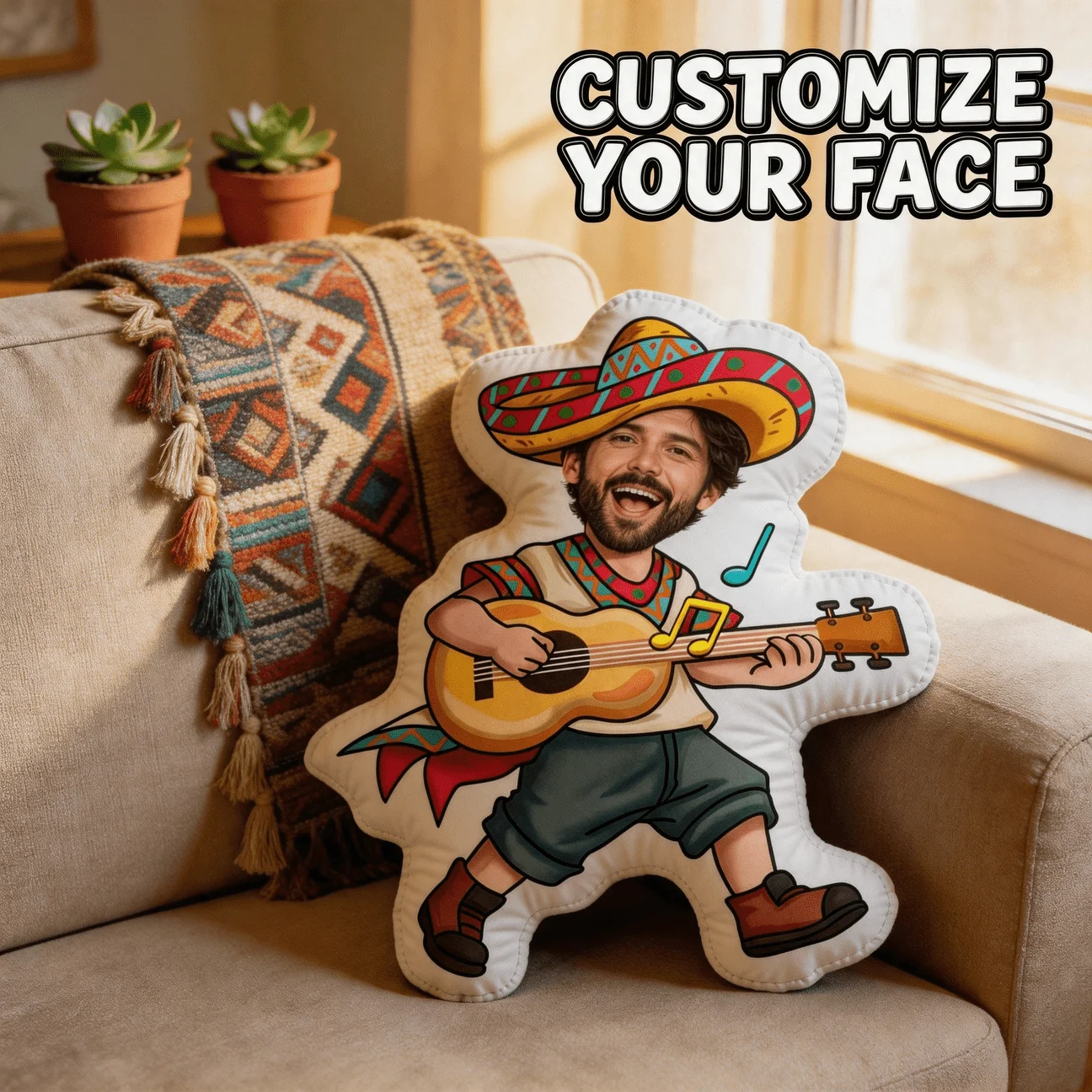 Personalized Musician Shaped Pillow - Custom Photo/Name/Text Guitar Player Cushion with Sombrero Style Suitable for Sofa &, Gift