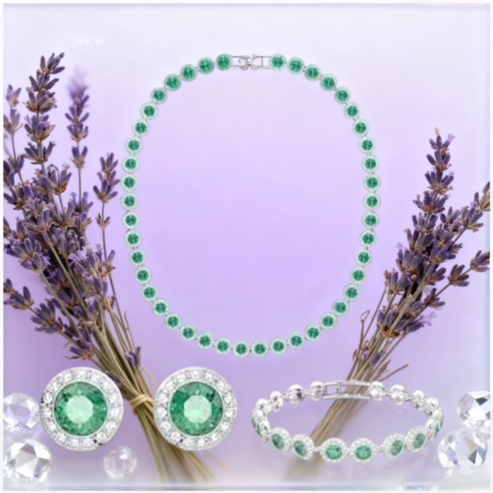 

2025 Hot Selling Fashion Jewelry Crystal Necklace Earrings Bracelet Three Piece Set Vitality Green Set Engagement Preferred