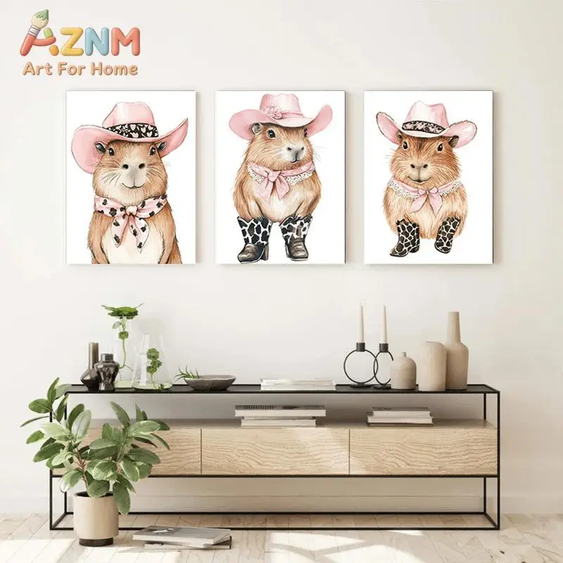 AZNM Cute Cowboy Capybara Canvas Wall Art Frameless Poster Watercolor Animal Print for Girls Bedroom Nursery Home Wall Decor Gif