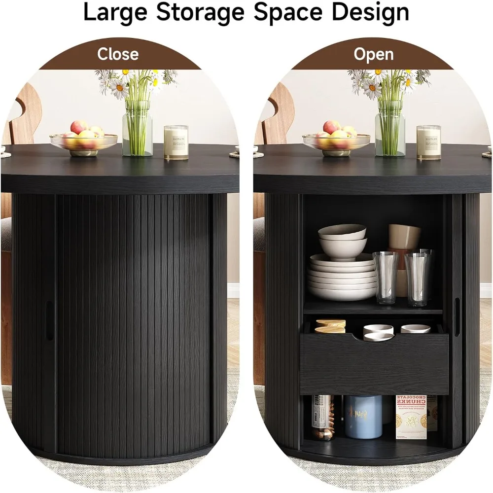 4人用の丸いダイニングテーブル、2層の収納棚と引き出し付きの円形キッチンテーブル、モダンなファームハウス風のダイニングテーブル