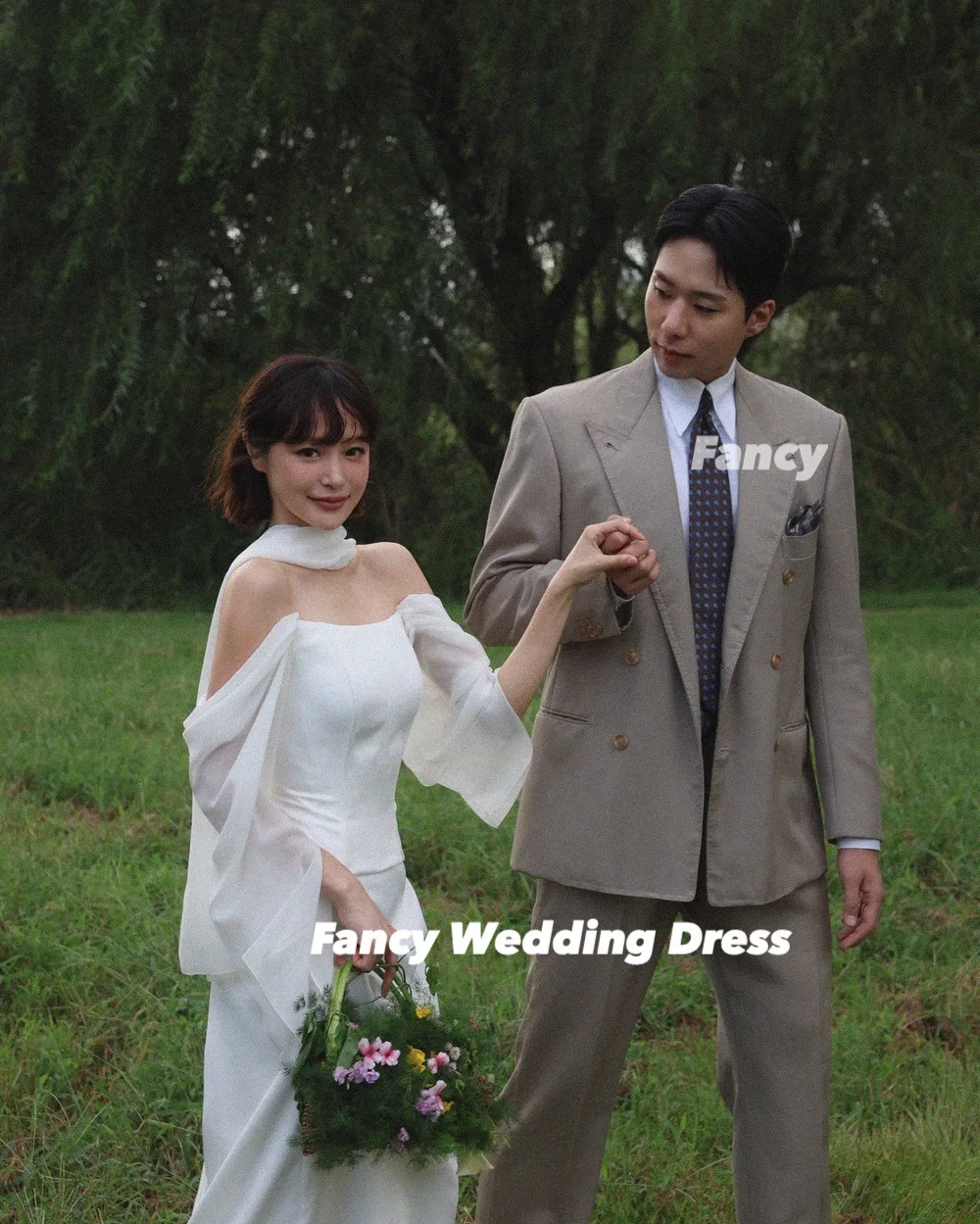 يتوهم بسيط قبالة الكتف فستان الزفاف كوريا ألف خط كوريا صورة تبادل لاطلاق النار ثوب الزفاف الطابق طول الظهر مشد مخصص #5