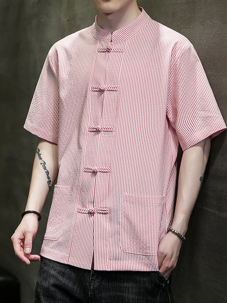 

Loose Fit Chinese Sle Striped ort Sve irt Casual Tang Suit Loose Large Size Stand Collar Zhongan Suit f Sve ...