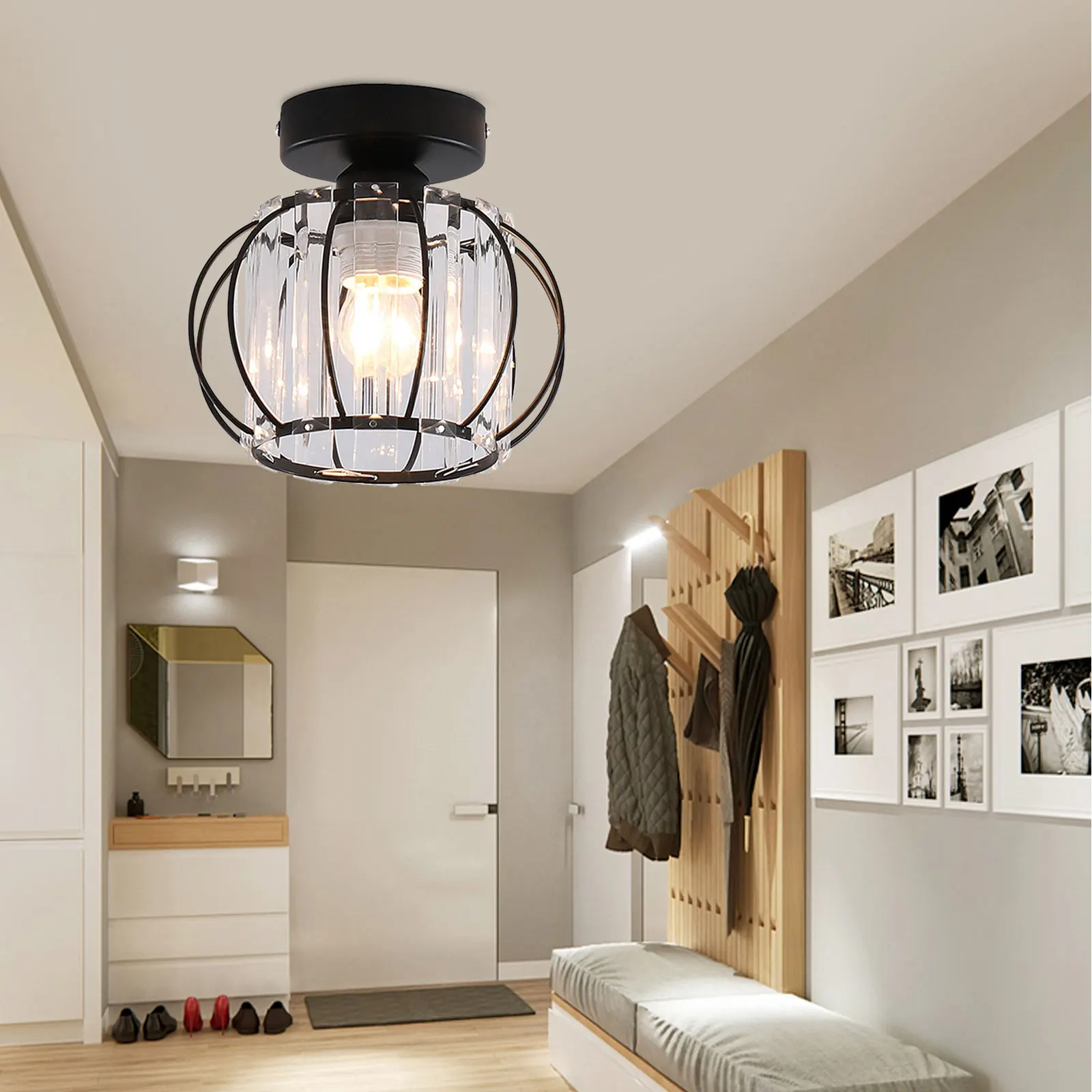 LOYALHEARTDY Ceiling Lamp Semi Flush Mount Ceiling Light Small Crystal Chandelier Modern Cage Pendant Light for Aisle Hallway