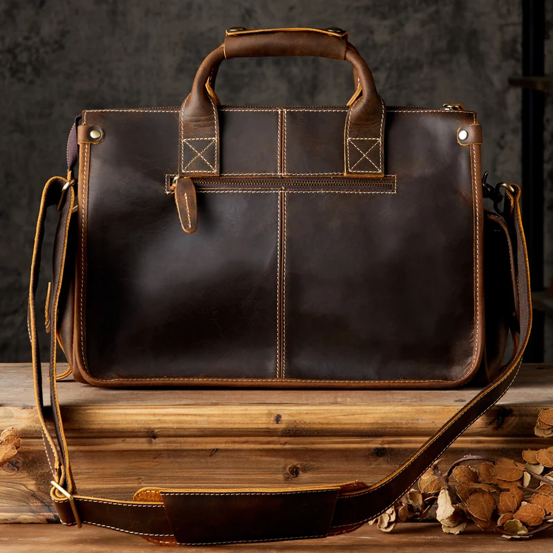 Vintage Genuine Leather Briefcase Men Top Layer Cowhide Office Laptop Bag Casual Travel Totes Crazy Horse Leather Messenger Bag