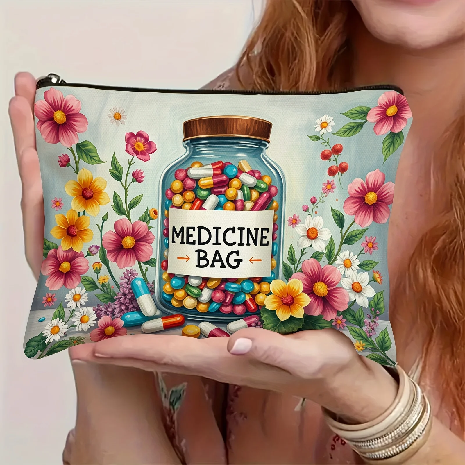 Bolsa de medicina Floral, cápsula de dibujos animados vibrantes, bolsa de almacenamiento de viaje para cosméticos multifuncional con cremallera, bolsa esencial de viaje, 1 ud.