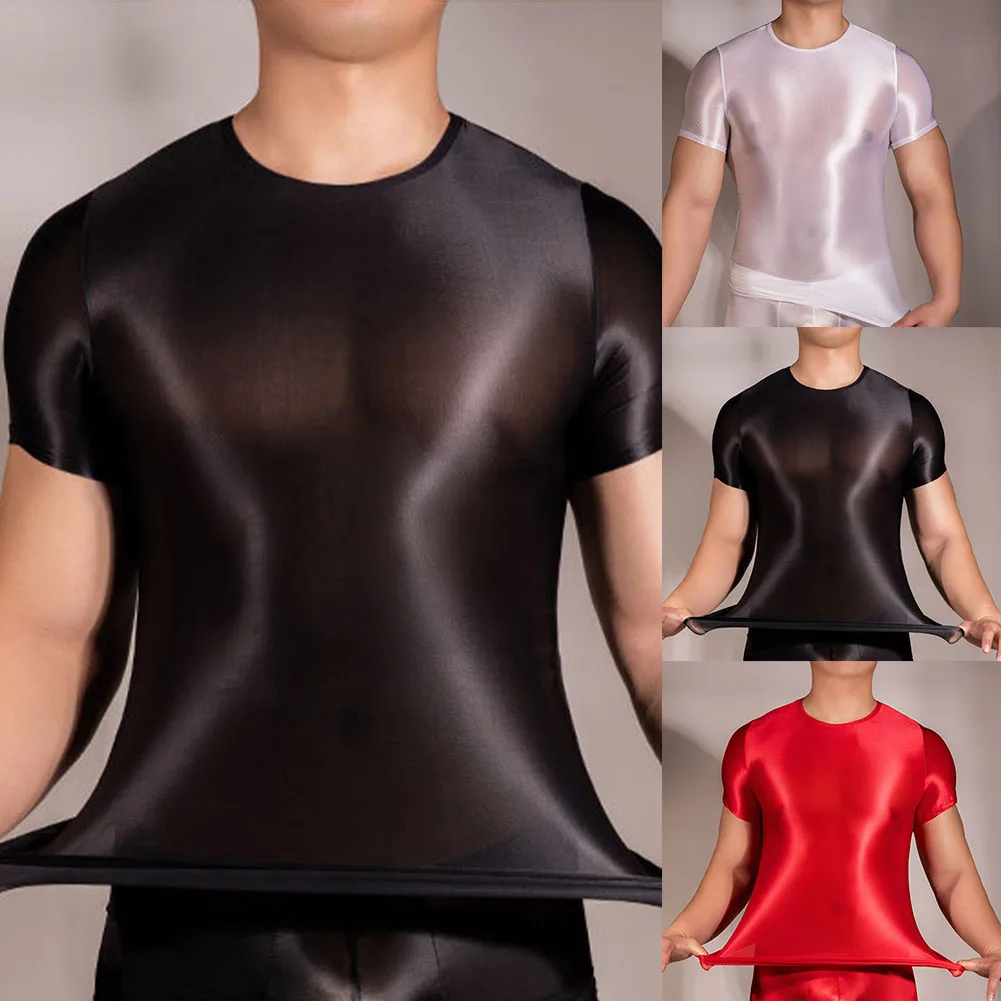 Men Shiny Short Sleeve T-Shirt Nightwear Sexy Sheer See Through Clubwear Tops Classic Sexy Lingerie Bodysuit