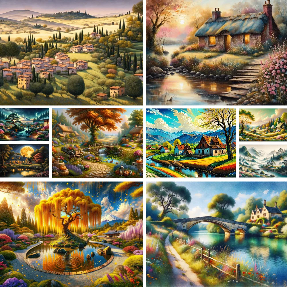 

Landscape Country Cabin Printed 11CT Cross Stitch Complete Kit Embroidery Handmade Knitting Sewing Craft Design Different Needle