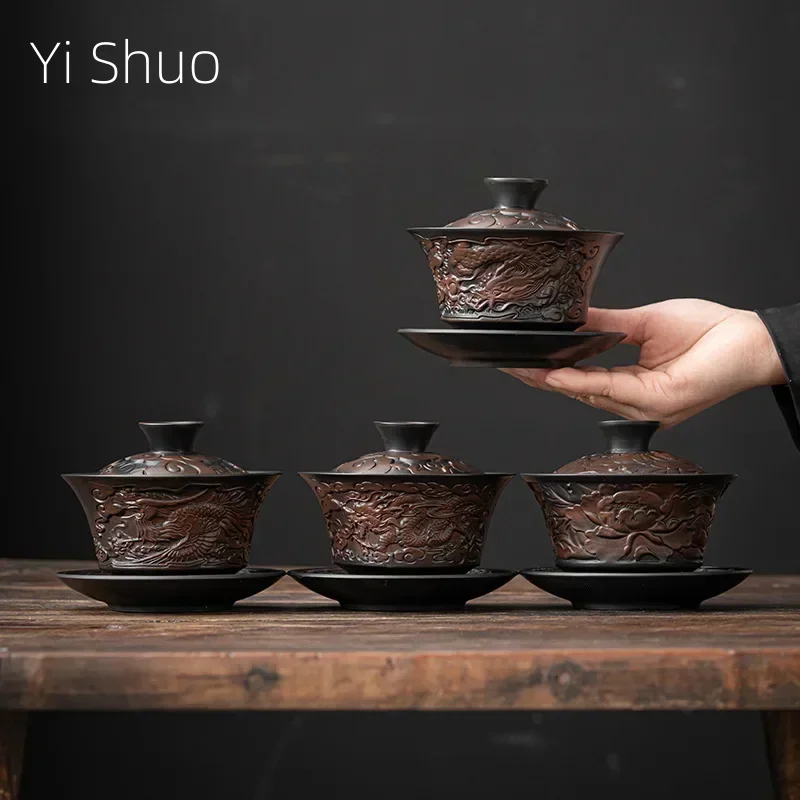 

Фиолетовая керамика Gaiwan Cup Ретро Фиолетовый песок Слипый кинжал ручной работы Чаша для заваривания чая Фарфоровый чайный сервиз кунг-фу Высококачественный гавайвань