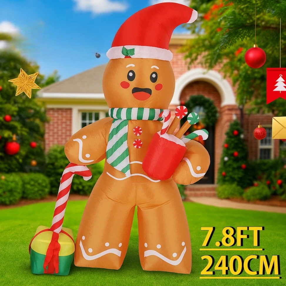 7.8FT في الهواء الطلق عطلة الديكور عيد الميلاد لعبة قابلة للنفخ الزنجبيل رجل قصب الحلوى هدية LED لوازم الحلي عيد الميلاد ساحة ديكور