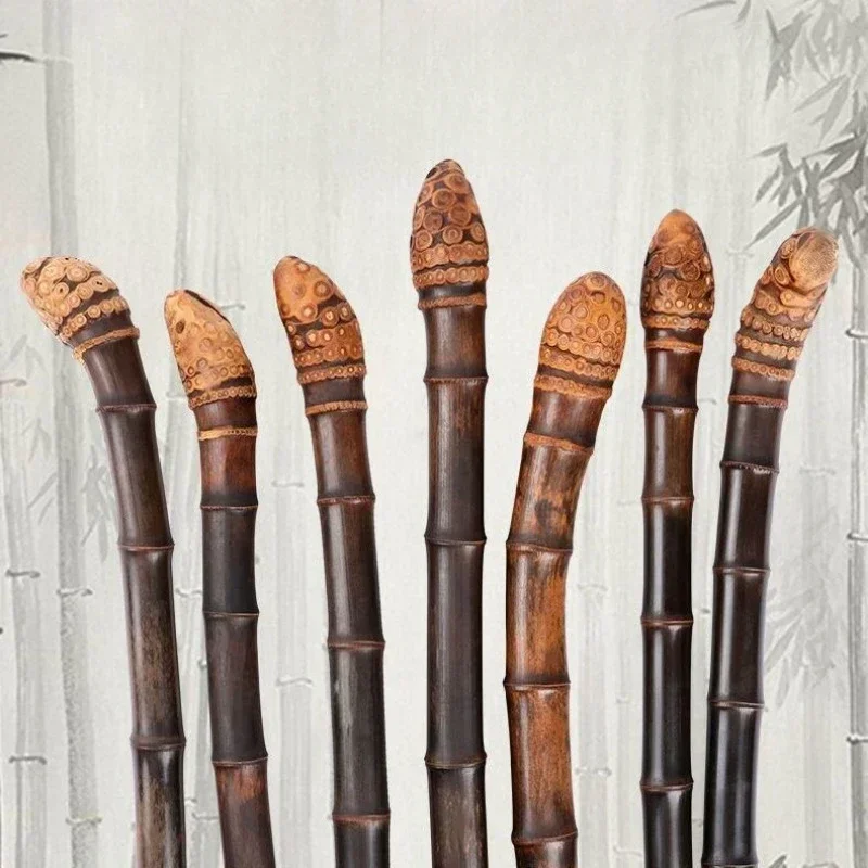 Natural Purple Bamboo Carving Walking Sticks Old Man Mountain Climbing Outdoors Camping Professional Accessories Outdoor Sports