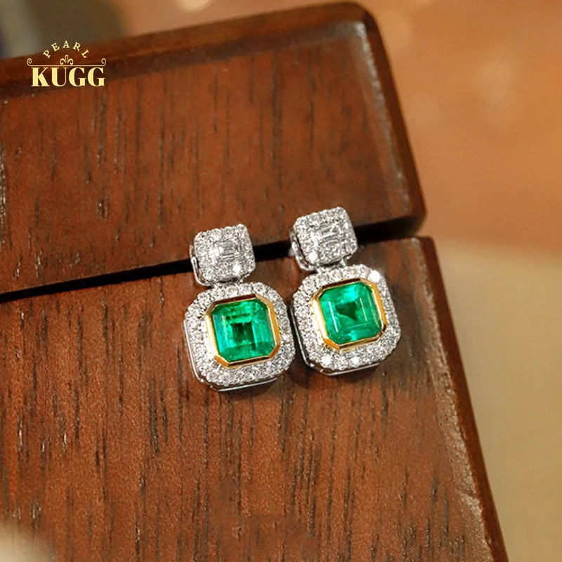 

KUGG 18K White and Yellow Gold Earrings Elegant Design Natural Emerald Shiny Diamond Stud Earrings for Women Wedding Jewelry