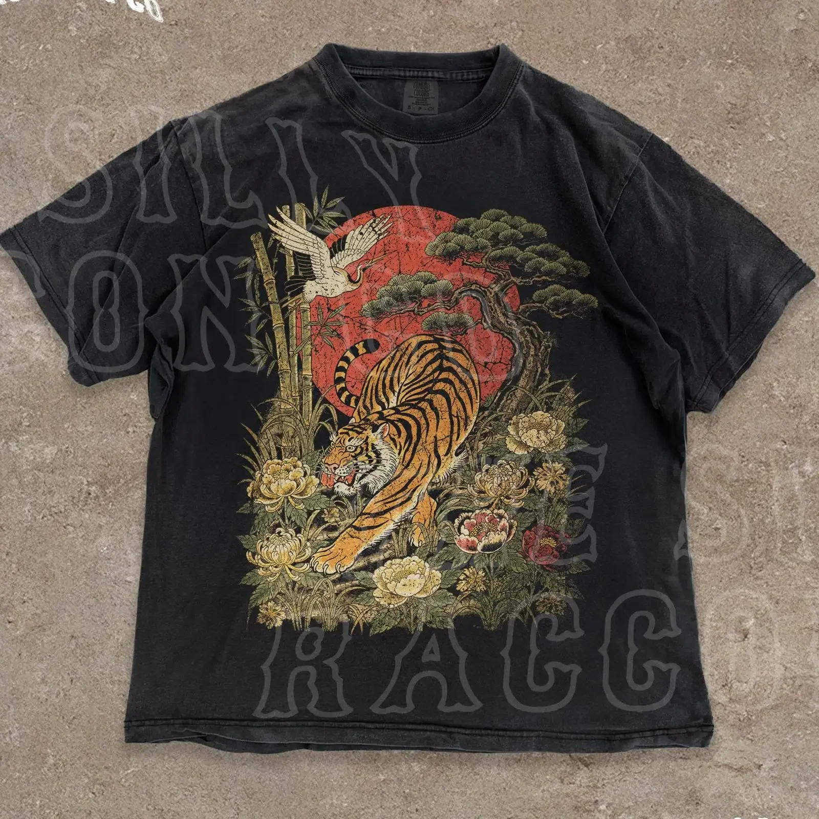 Japanese Tiger T Shirt Red Sun Floral Vintage Animal Art Top Washed Black For Nature Lovers vintage Washed