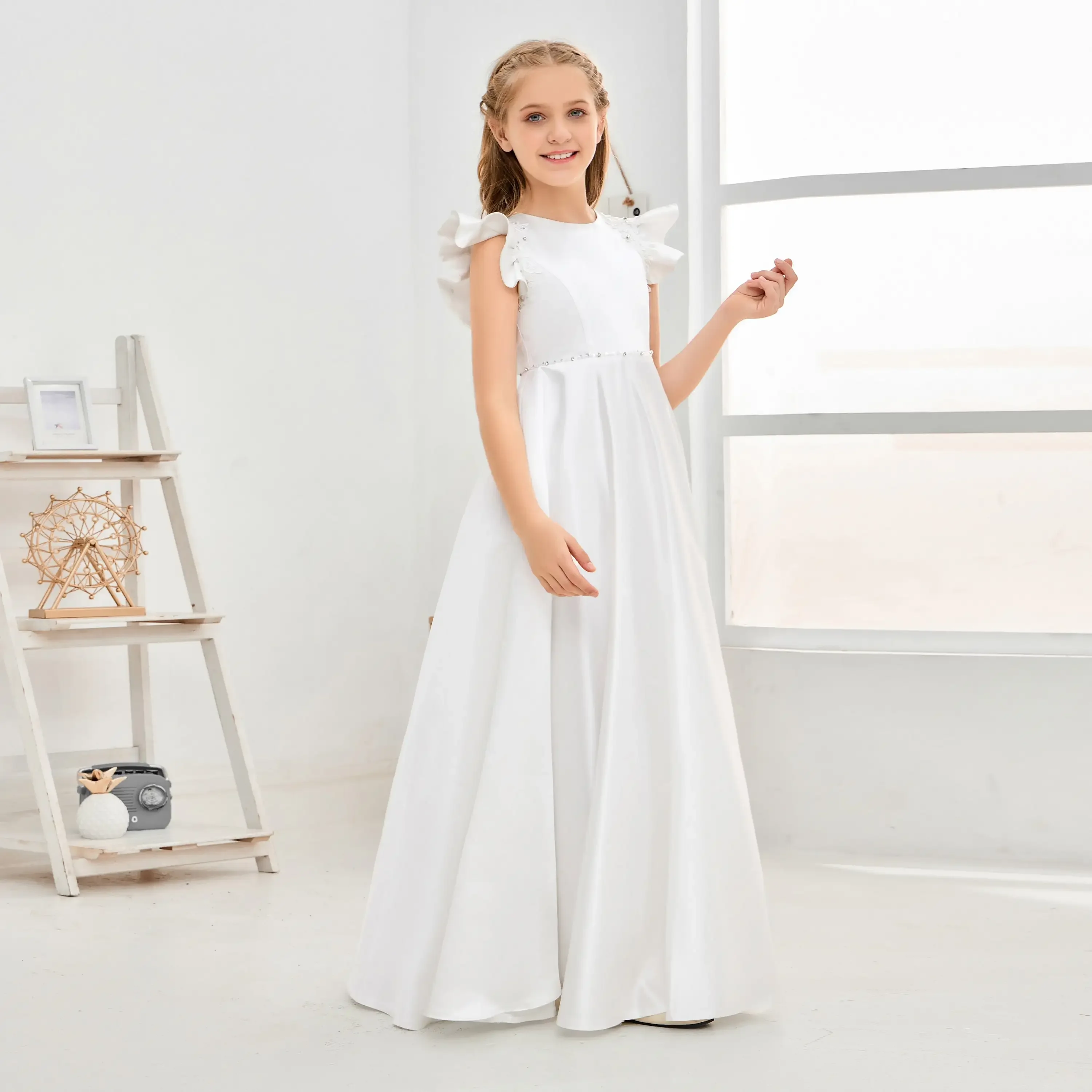 Robe de demoiselle d'honneur en satin pour bébés filles, robe de Rhde princesse, robe de soirée de mariage, robe de première communion, cadeau d'anniversaire élégant