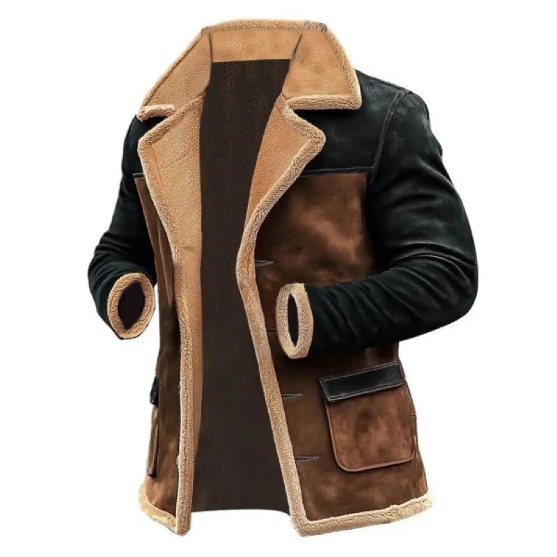

2025 Men's Vintage Suede Coat, Color Block Shearling Fleece Jacket with Fur Reverse Collar, Mid-Length Layer Outerwear for Men,