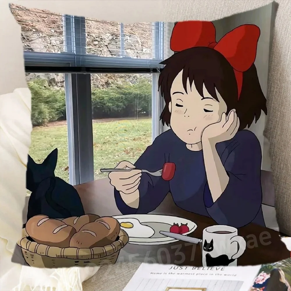 1 pieza Miyazaki Hayao Anime funda de almohada trasera Kiki y Jiji impreso servicio de entrega de Kiki funda de almohada decoración de la habitación solo cubierta