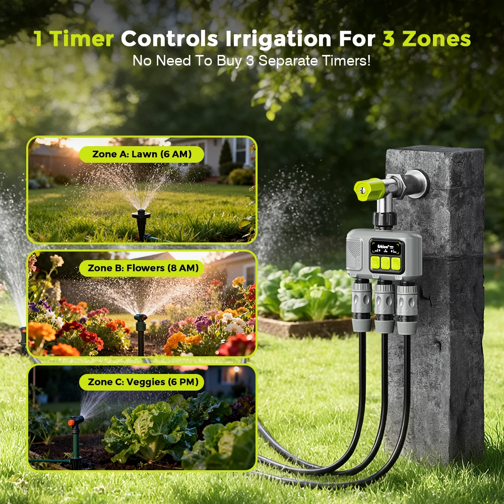 2026th Hot Selling Eshico HCT-658 RF433 Automatic 3-zone Water Timer Tuya Irrigation Sprinkler Garden/Yard/Lawn/Greenhouse Tool