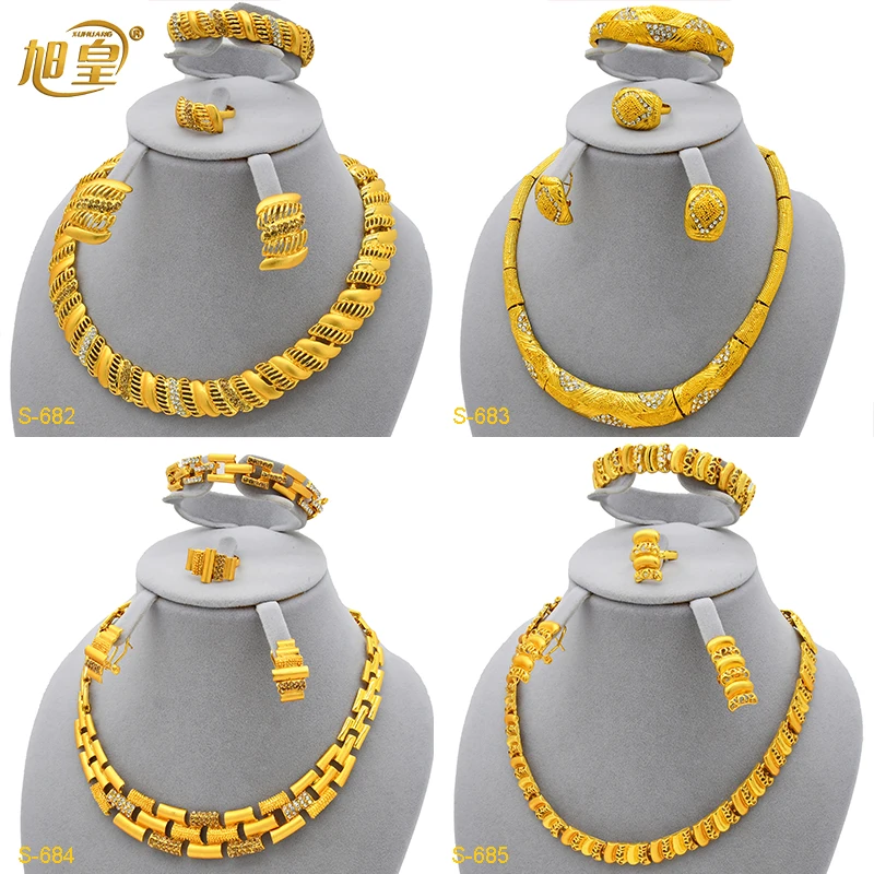 

XUHUANG African 24K Gold Color Chain Necklace Sets For Women Arab Necklace Earrings Ring Bracelet Set Indian Wedding Party Gifts