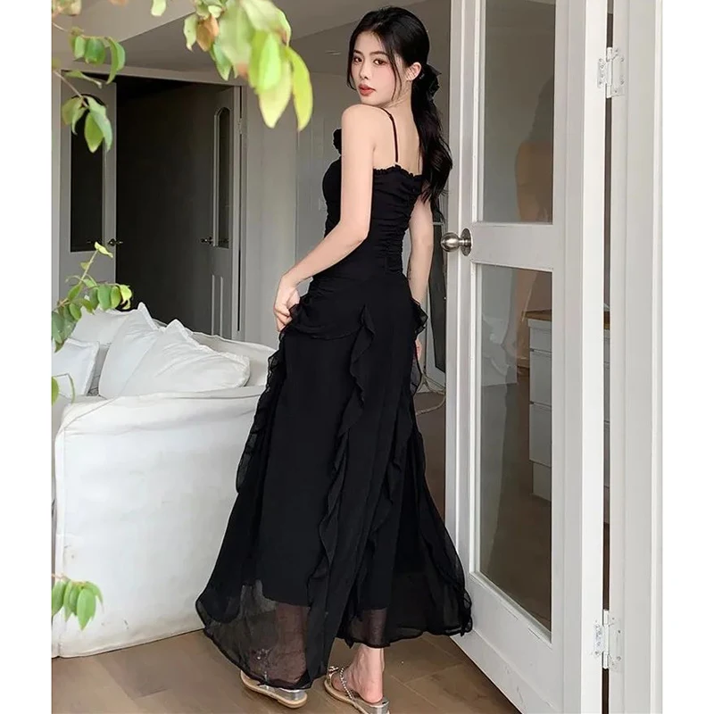 Y2K Spitze Patchwork Camis Kleid Frauen Backless Aushöhlen Plissee Chic EINE Linie Lange Kleid Sexy Unregelmäßigen V-ausschnitt Party Vestidos