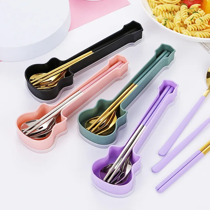 

2/3Pcs Cutlery Set Fork Spoon Chopsticks Dinnerware Set 304 Stainless Steel Children Adult Portable Travel Flatware Guitar Box