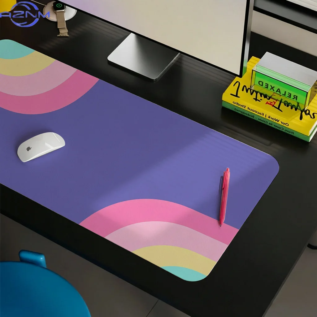 Pastel Rainbow Arcs Abstract Design Mouse Pad, Minimalist Lavender Background with Soft Pink Yellow Mint Green Curved Bands, Non