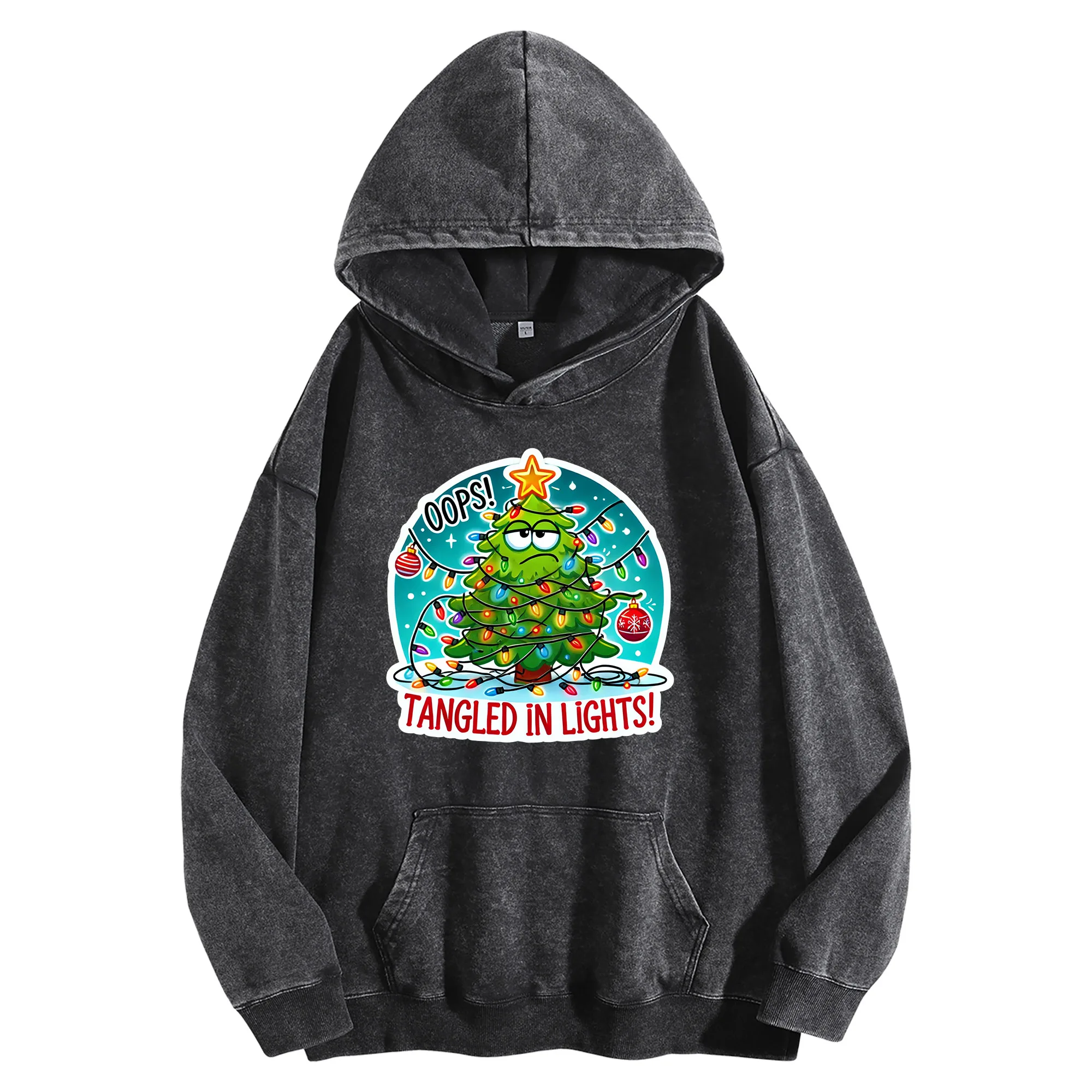 

Запутанные в огнях принт 400 г винтажная стираная толстовка унисекс уличная одежда большого размера пуловер осень/зима рождественское новогоднее издание