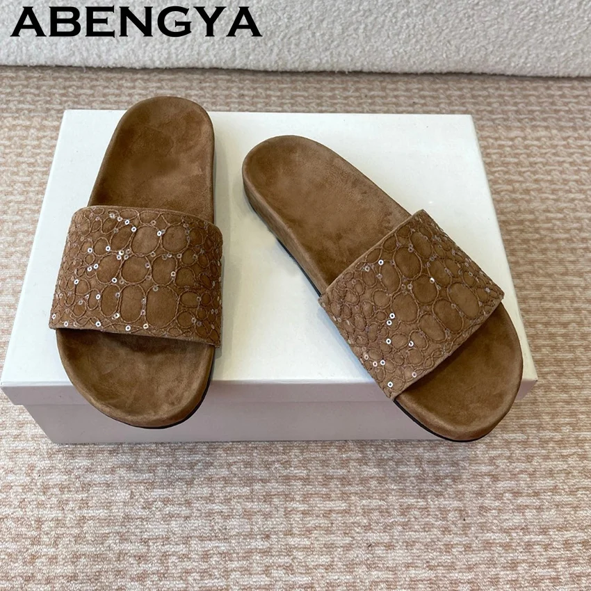 

ABENGYA Suede Leather Round Toe loafers Flat Slippers Women Obese Casual Comfort Punk Slippers Summer Fashion Mules Shoes Woman