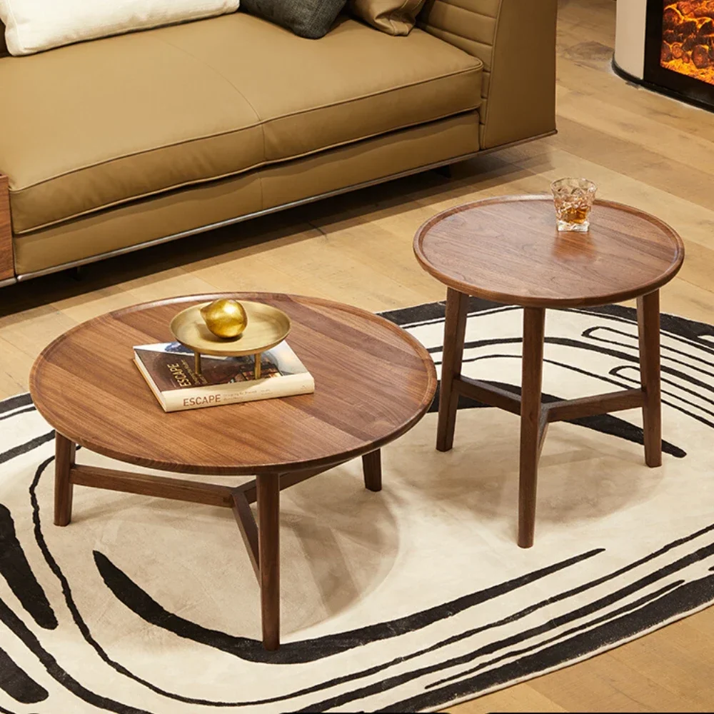 Black Walnut round Tea Table Combination Nordic Solid Wood Sofa Table Side Table Living Room Small