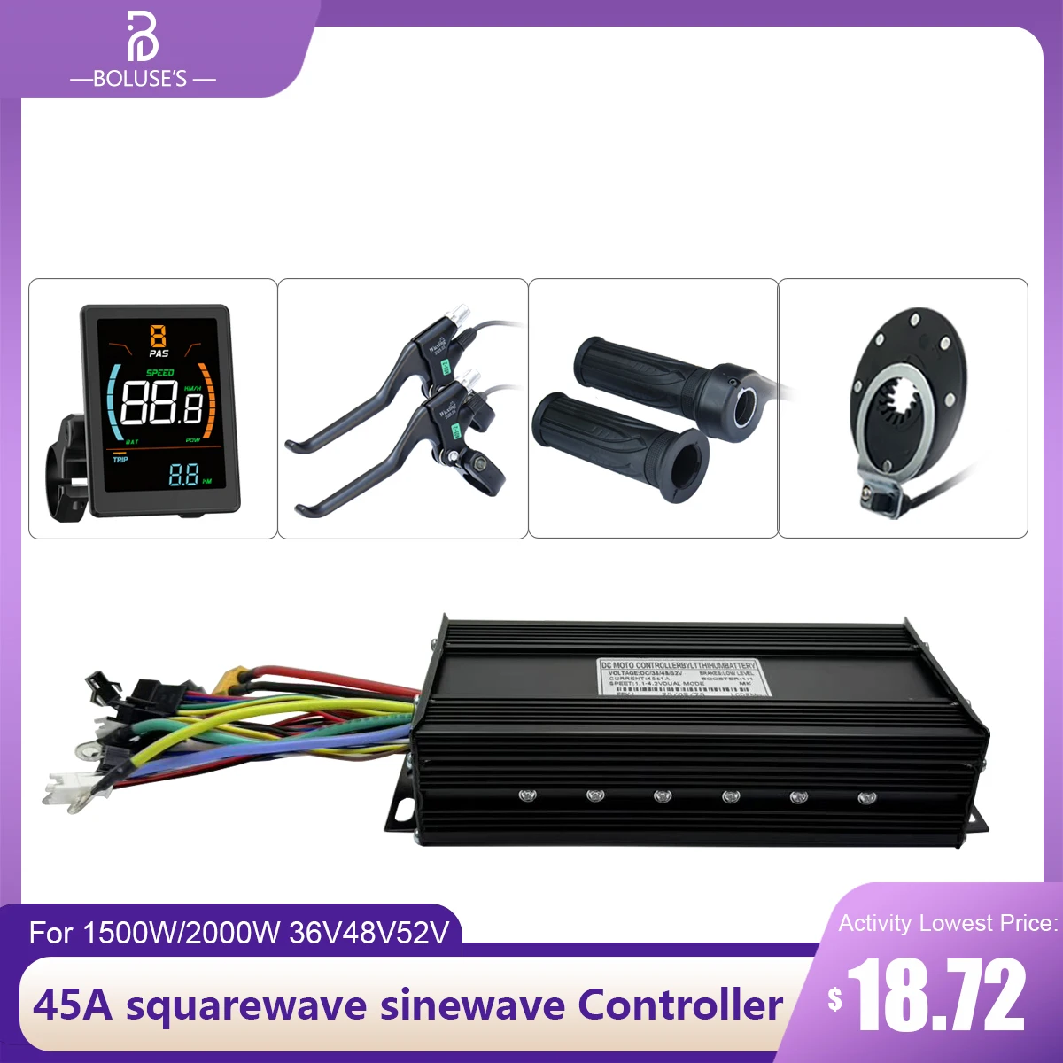 

E-Bike squarewave controller 45A 36V48V52V UART2 communication protocol Brushless motor controller 1500W2000W DZ32 LCD Display