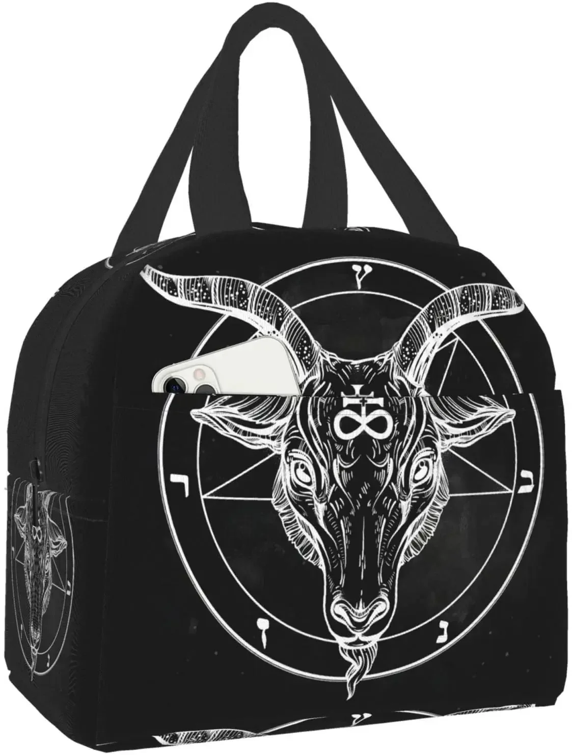 Cover Pentagram with Demon Baphomet Goat Head Binary Symbol Portable Insulated Lunch Bag Lunch Box for Women Men Boy