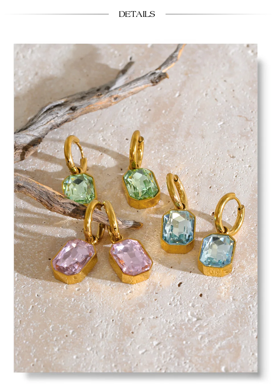 Yhpup Edelstahl-Creolen Grün Rosa Blau K9 Kristall Rechteckige Hängeohrringe Ästhetischer Goldener Damenschmuck – Detail 9