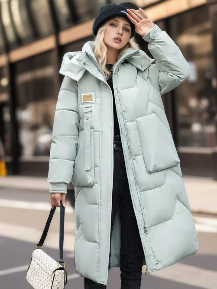 2024 Winter Kleidung Frauen Neue Abnehmbare Hut Solide Lose Mantel Frauen Zipper Mit Kapuze Über Knie Taschen Verdickt Lange Parkas