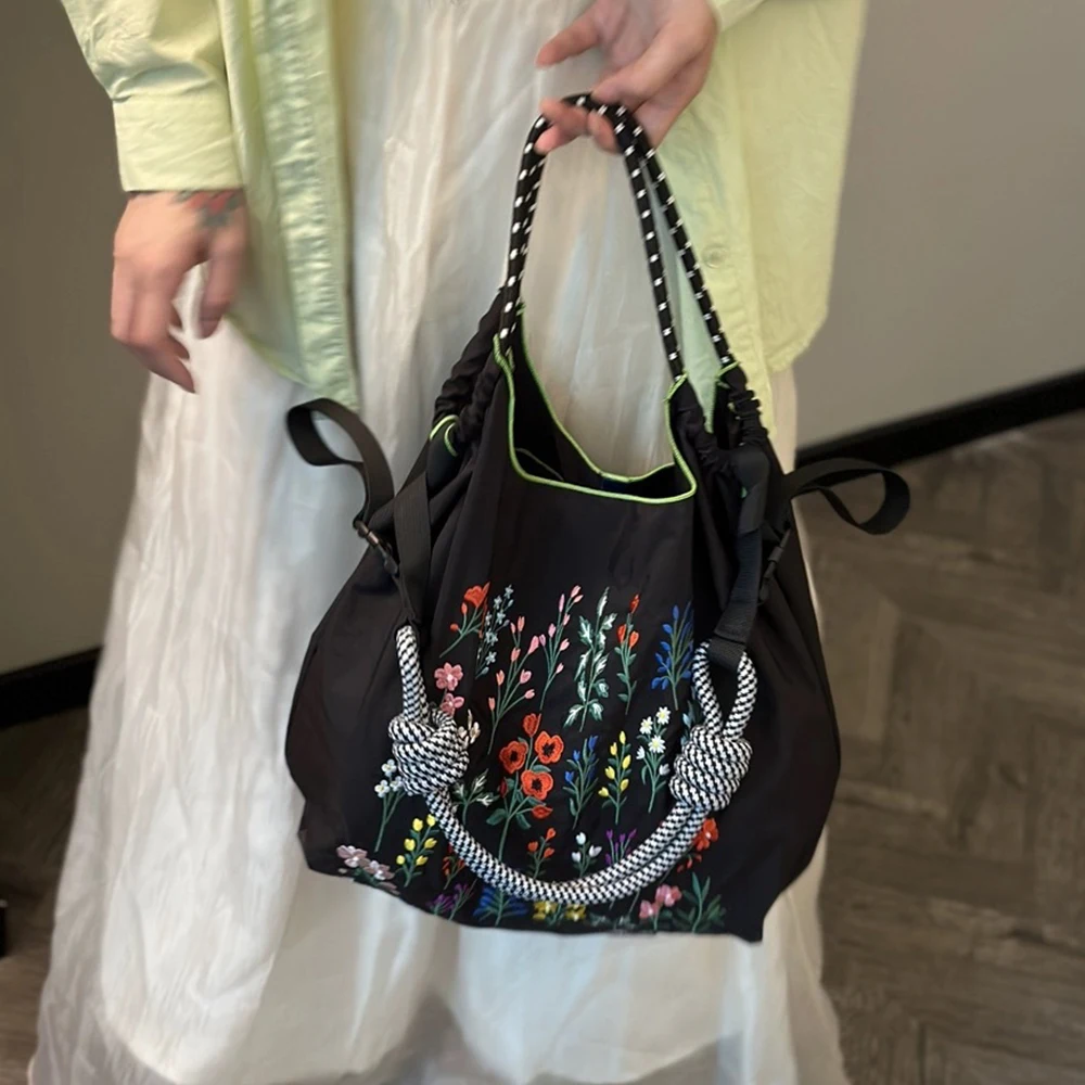 Floral Embroidery Eco Bags for Women Handbags Flower Designer Bag Large Shoulder Bag Nylon Shopper Purses Female Soft Tote Chic