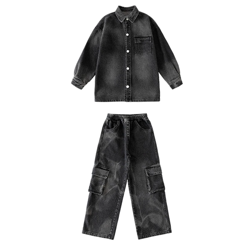 Fashion Boys Hip Hop Dance Costume maniche lunghe abito in Denim nero cappotto pantaloni ragazze Jazz Performance Clothes Stage Wear BL12180