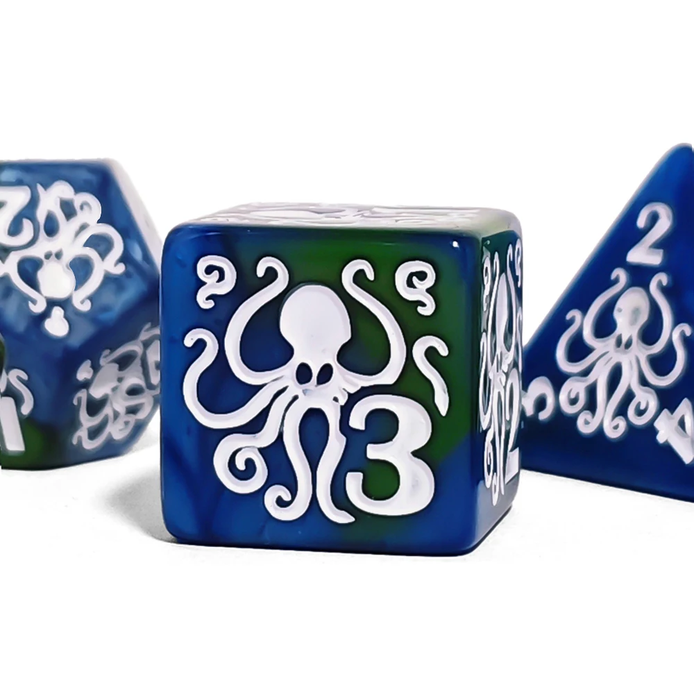 7Pcs/set Blue‑Green Polyhedral Dice Set With White Octopus Pattern,Acrylic Gaming Dice DND RPG Dice For Tabletop Board game Dice
