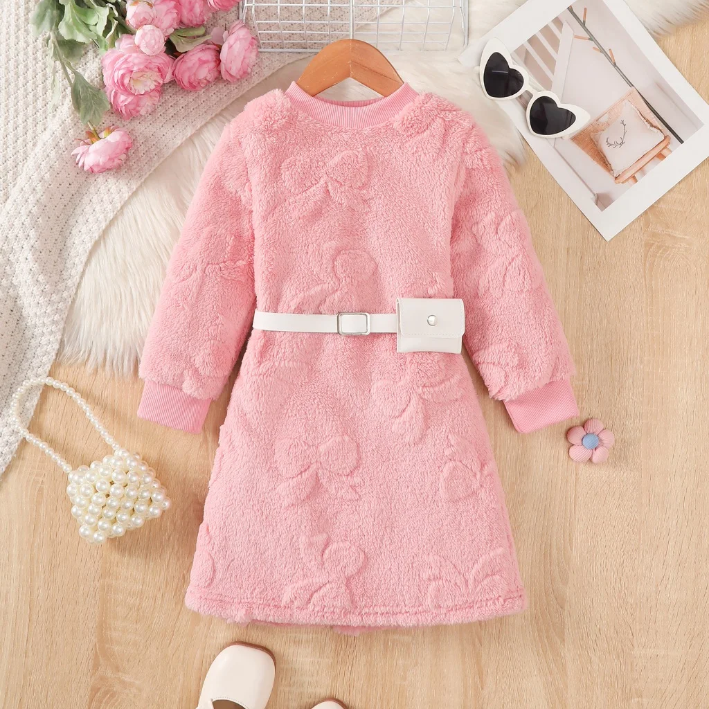 

New Pink Fur Dresses for Girls Aged 4-7 Autumn&winter Princess Dress Children Long Sleeved Dress with Fashionable Set with Belt