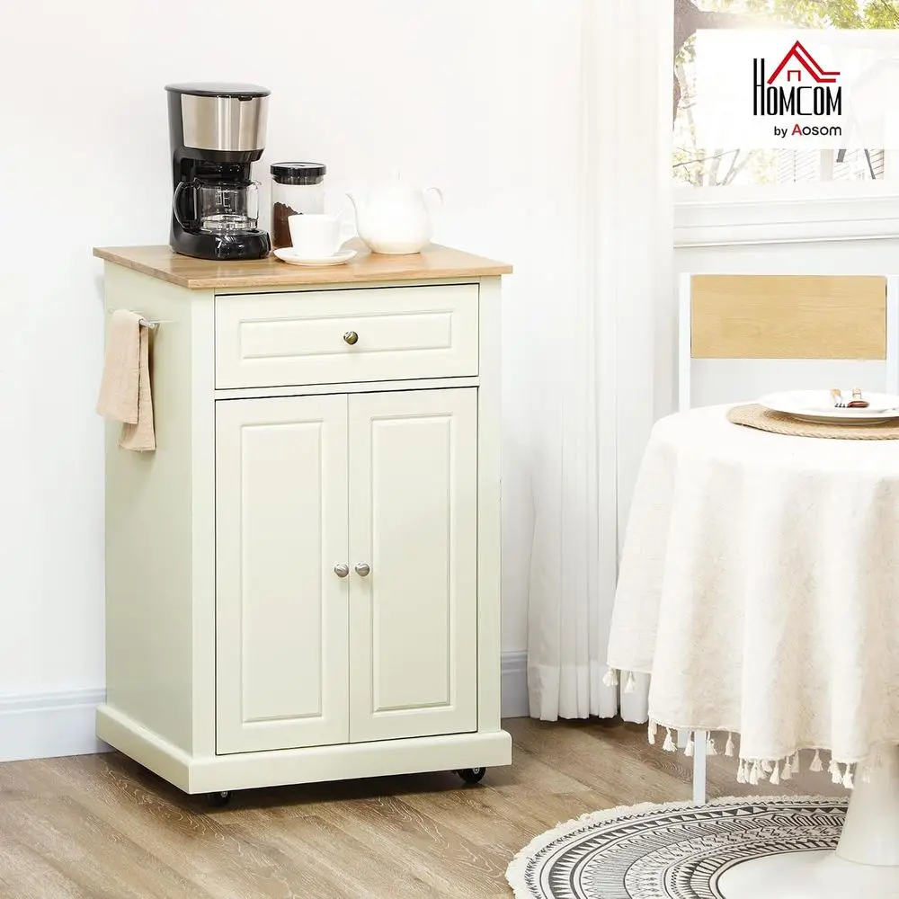 Rolling Kitchen Island Cart, Der & Adjustable Shel, Cream White | Portable Serving Trolley Table, 2 Towel Racks