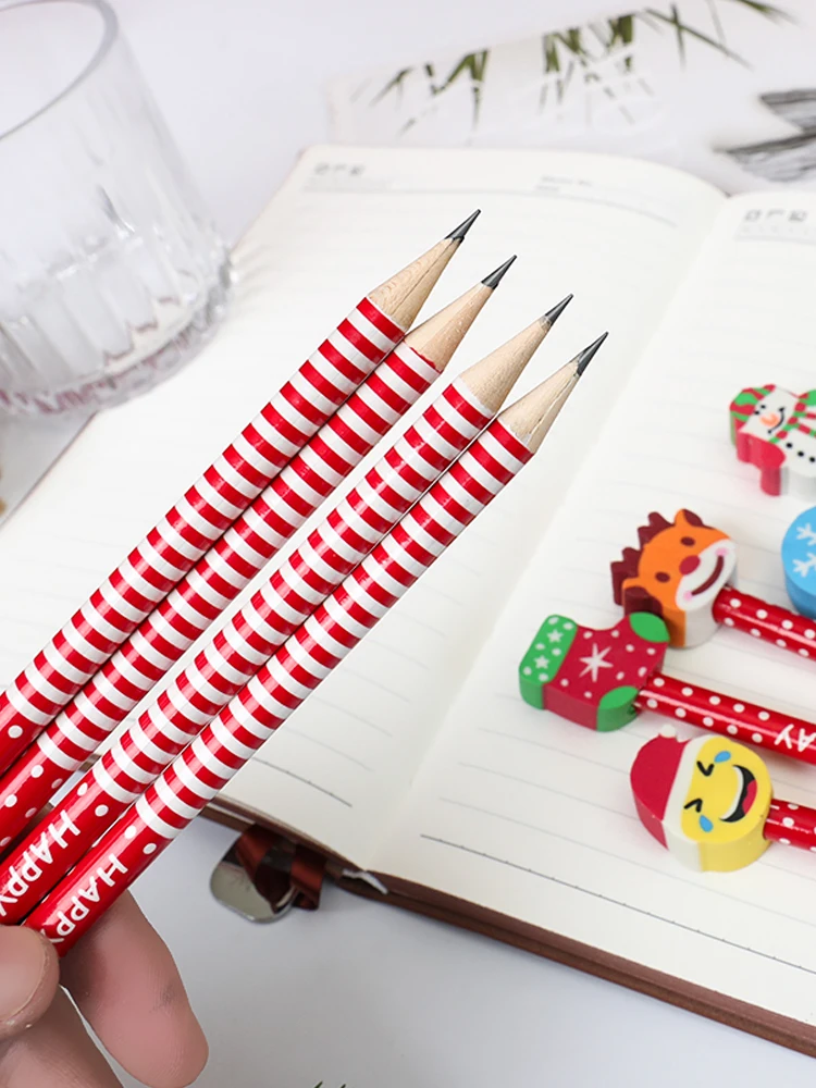 

Christmas Pencils Red Striped With Eraser Cap Cartoon Cute Eraser Santa Claus Snowman Snowflake Xmas Tree Christmas Decorations