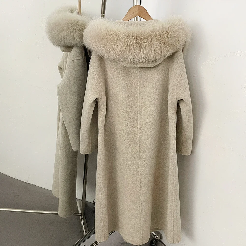 OFTBUY Kapuzenmantel mit Gürtel aus Naturfell und Wolle, langer Damen-Wollmantel mit echtem Fuchsfell, neuer Winter-Wollmantel für Damen – Detail 21