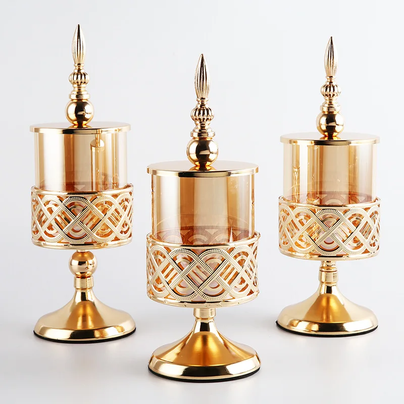 European Glass Candy Jar Golden Candlestick Handicraft Ornaments Home High-foot Jewelry Cotton Swab Storage Box Wedding Ornament