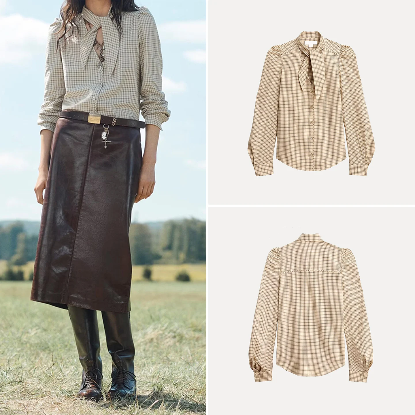 

Faionable Plaid irt with Bow Tie for Women Commute Sle Long Sve Women's Premium Clothing Knot Design