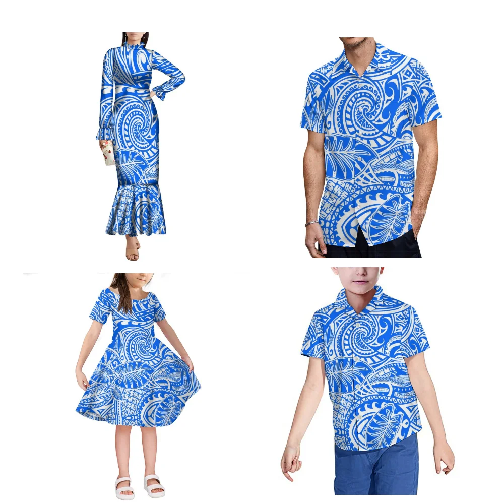 Polynesian Family Clothing Custom Wholesale Elegant Fishtail Dress Shirt Adult Children Dress Long Sleeve Long Skirt For Women