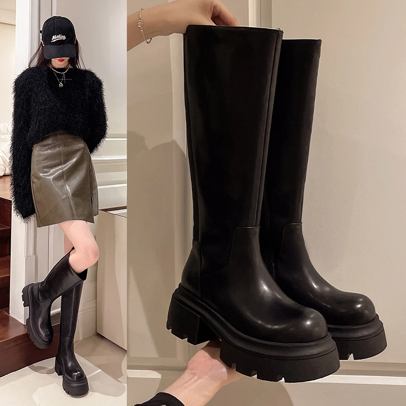 Winter Chunky Women Knee High Boots Fashion Platform Thick Heels Knight Long Booties Punk Style Ladies Shoes